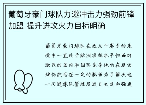 葡萄牙豪门球队力邀冲击力强劲前锋加盟 提升进攻火力目标明确