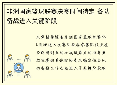 非洲国家篮球联赛决赛时间待定 各队备战进入关键阶段