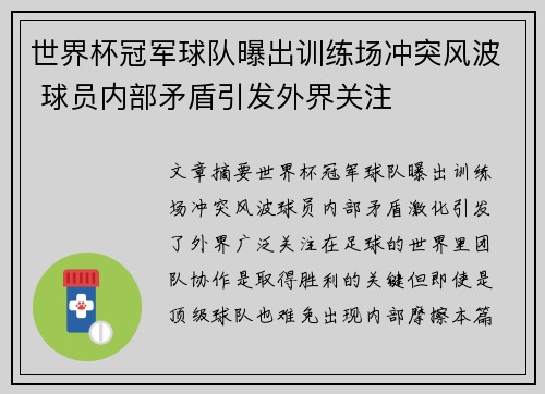世界杯冠军球队曝出训练场冲突风波 球员内部矛盾引发外界关注