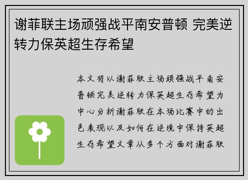 谢菲联主场顽强战平南安普顿 完美逆转力保英超生存希望